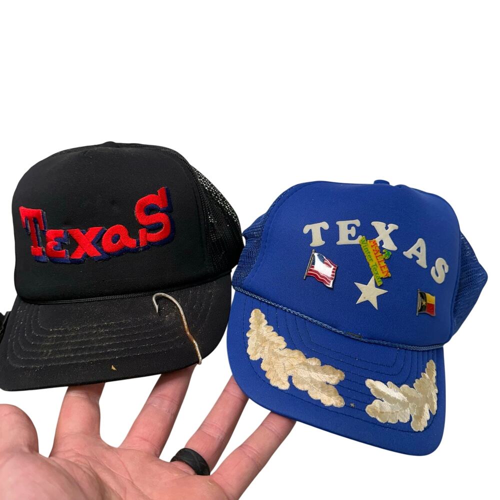 Vintage Pair (2) Texas State Hats Blue / Black YoungAn w/ Lapel Pins / Swag